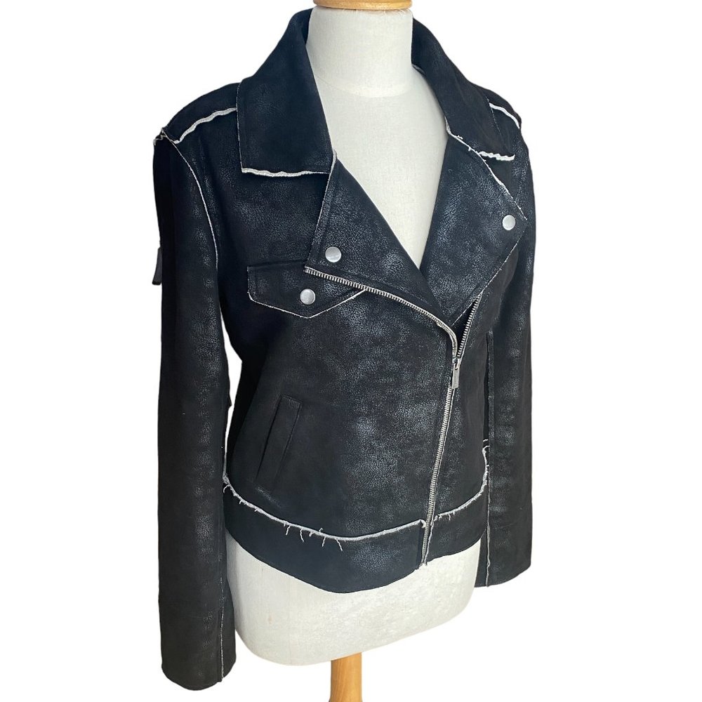 Splendid Faux Suede Moto Jacket Black Distressed Grunge Edgy Biker Y2K-M